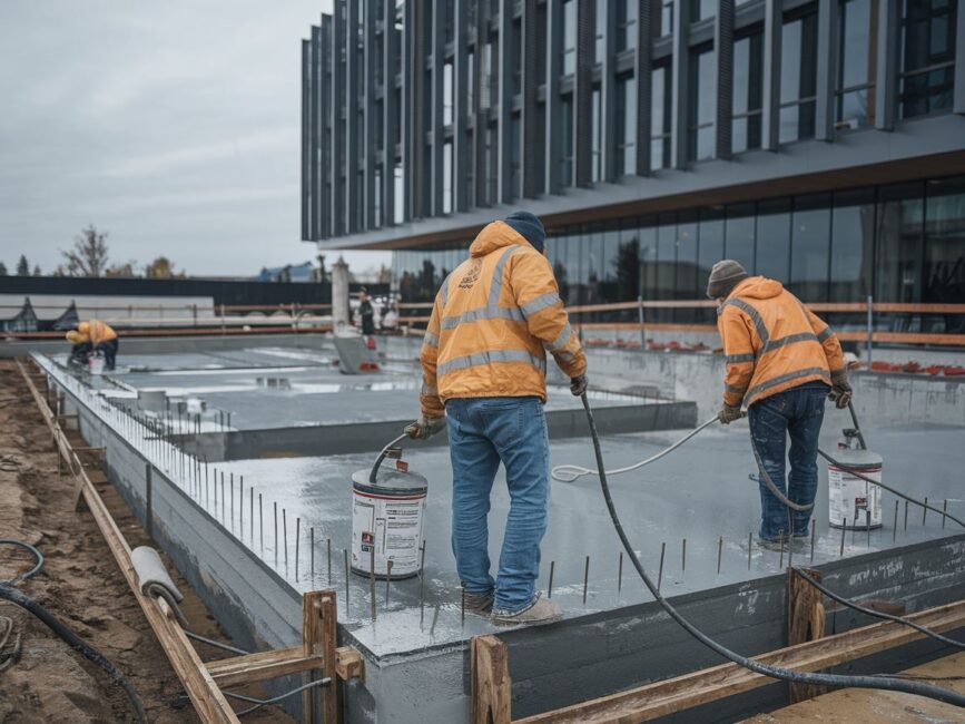 Pracownik zabezpieczający fundament przed wilgocią