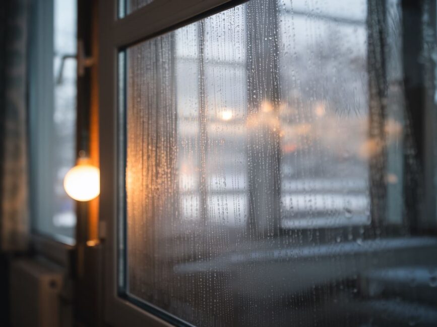 Zaparowane okno z kroplami wody