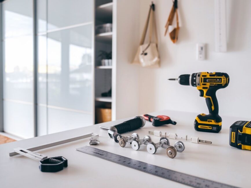 Zbliżenie na rolki i śruby montażowe do szafy przesuwnej