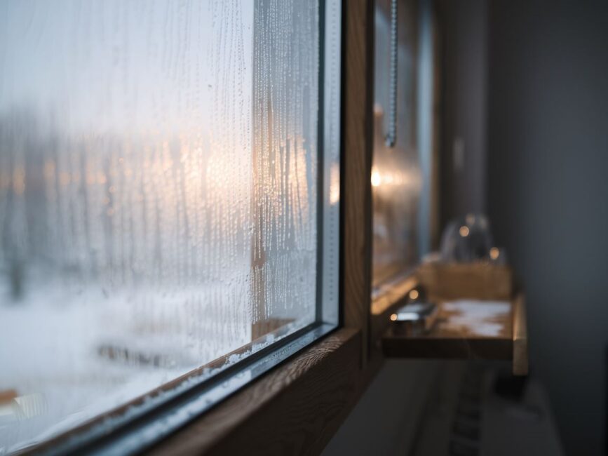 Zbliżenie na zaparowane okno w domu